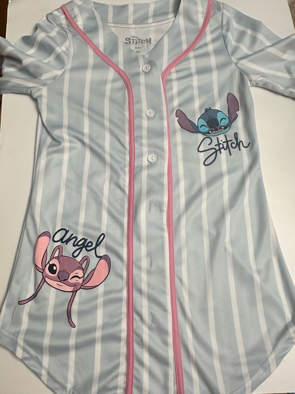 Disney Stitch & Angel Light Blue White Striped Baseball Jersey with Pink Trim